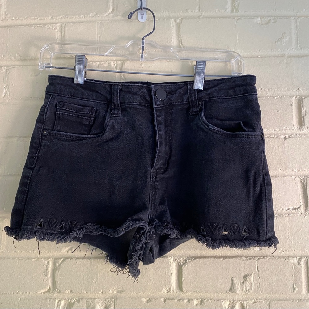 STS Blue Black Distressed High Rise Mom Jean Shorts Fringe Cutouts Size 27